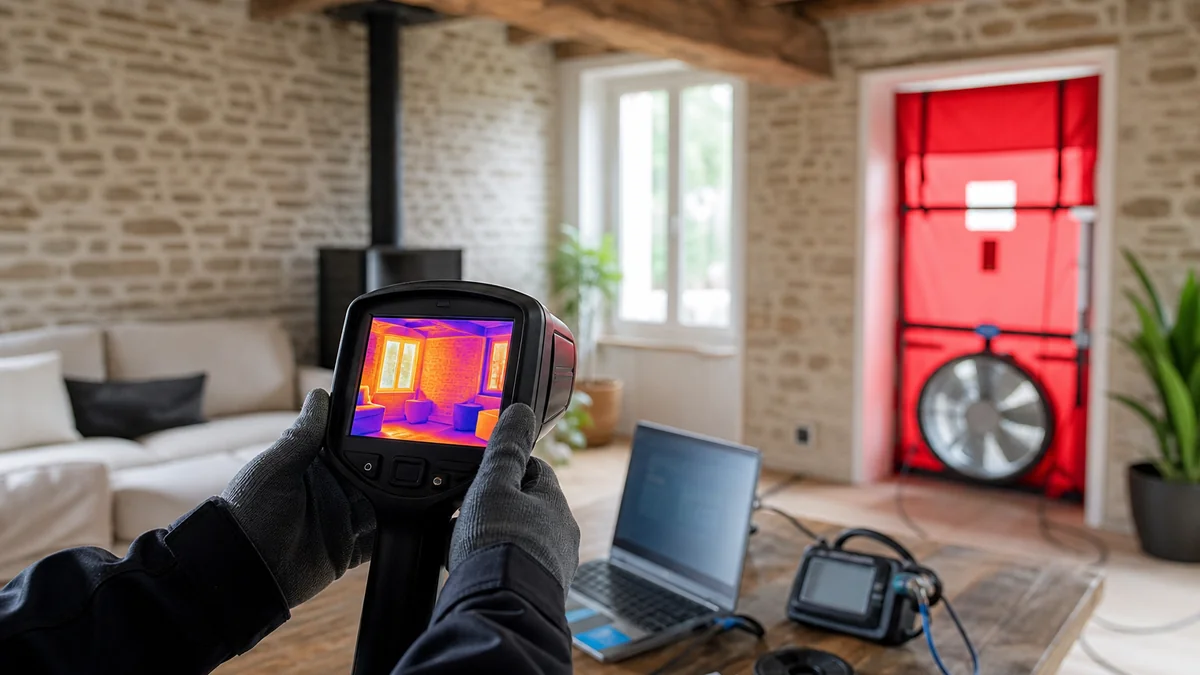 Illustration éditoriale : diagnostic énergétique d'un logement avec outils de mesure.