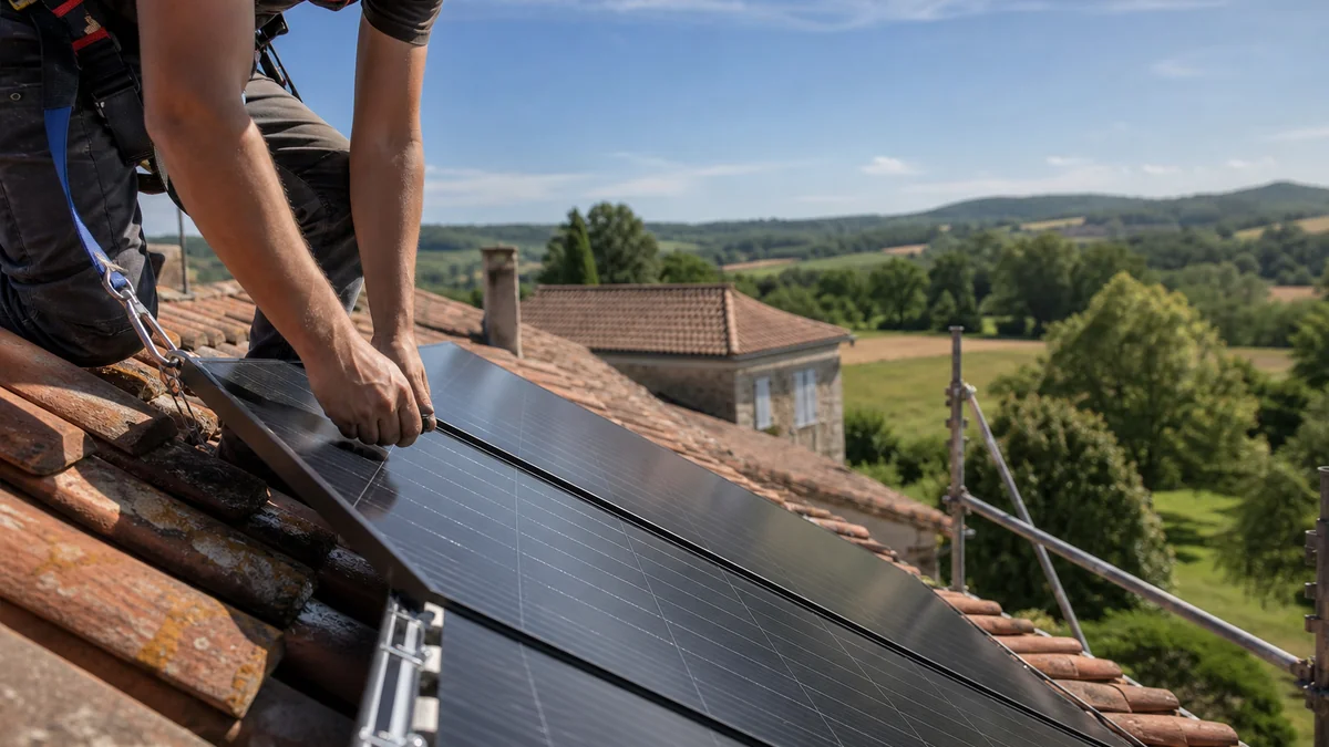 Illustration éditoriale : installation de panneaux solaires sur une toiture.
