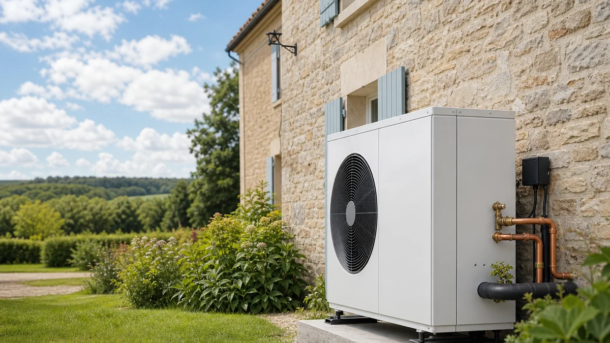 Illustration éditoriale : pompe à chaleur air/eau installée à l'extérieur d'une maison.