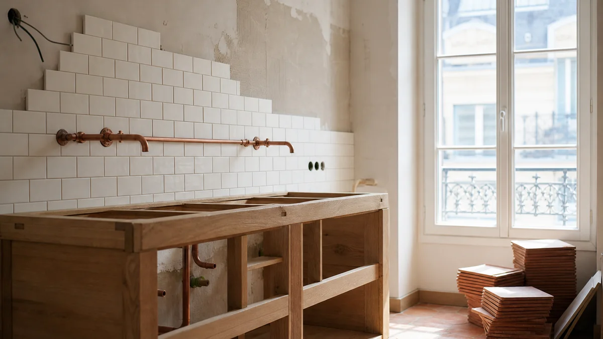 Illustration éditoriale : rénovation d'une salle de bain avec matériaux et outillage.
